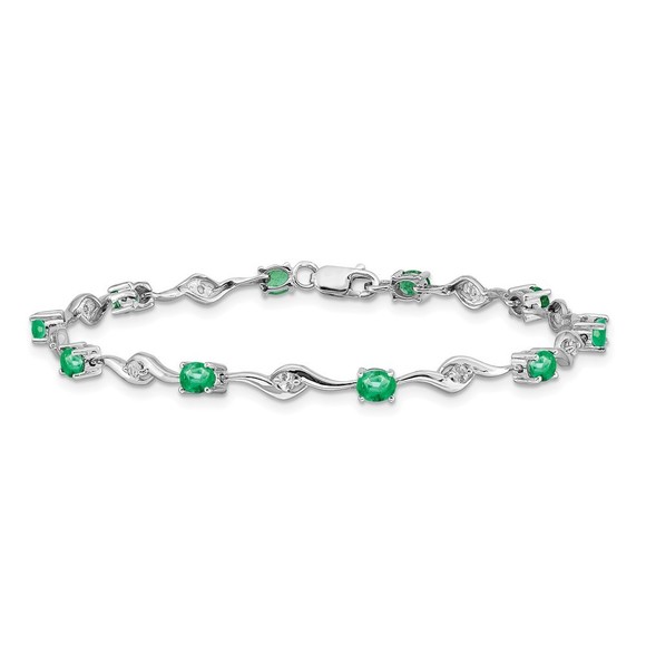 14k White Gold White Sapphire and Emerald Gemstone Bracelet, 7 inch Length